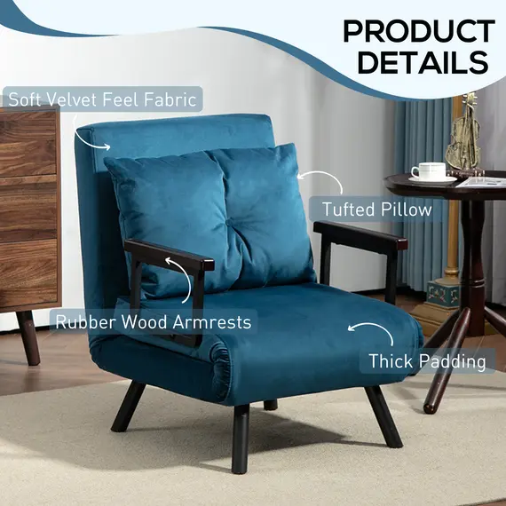 Buy 4-in-1 Velvet-Feel Single Chair Bed, with Pillow - Navy Blue, 6 image