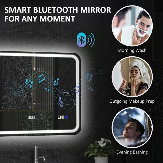 Buy 60 x 80 cm Bluetooth LED Bathroom Mirror with Clock Anti-Fog - Silver Tone, 5 image
