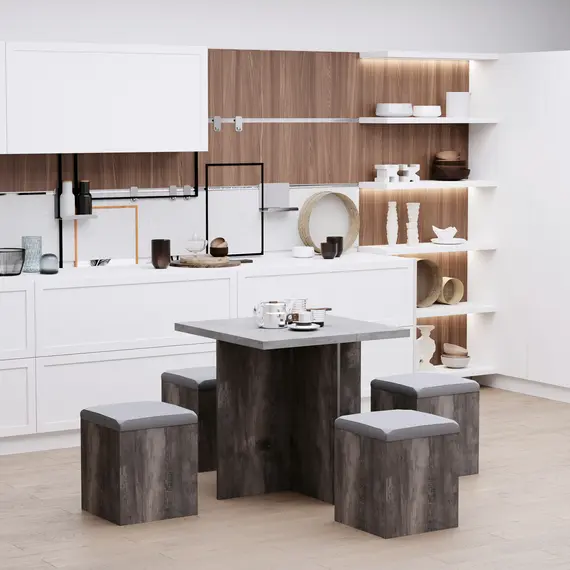 Buy 5PC Dining Set Garden Patio Wooden Set 4 Storage Stools Footrest Ottoman with Cushions + 1 Table Space Saving Design Indoor Outdoor, 2 image