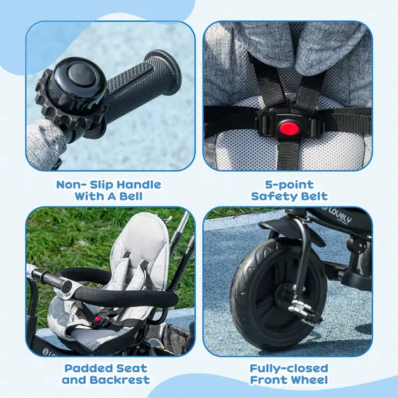 Buy 6 in 1 Kids Trike Push Bike w/ Push Handle, Canopy, 5-point Safety Belt, Storage, Footrest, Brake, for 1-5 Years, Grey, 7 image