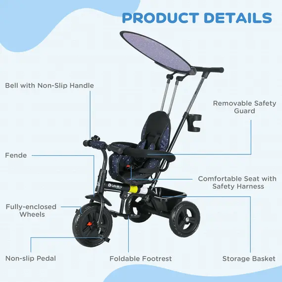 Buy 6 in 1 Tricycle for Kids with 5-point harness straps, Removable Canopy, Dark Blue, 7 image