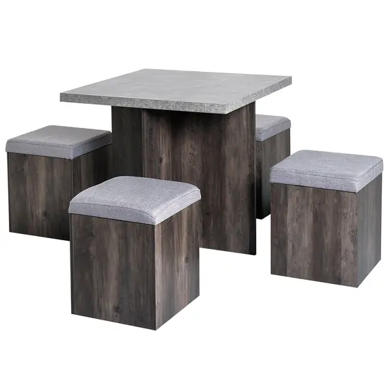 Buy 5PC Dining Set Garden Patio Wooden Set 4 Storage Stools Footrest Ottoman with Cushions + 1 Table Space Saving Design Indoor Outdoor
