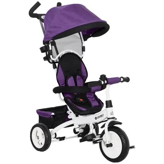Buy 6 in 1 Kids Trike Push Bike w/ Push Handle, Canopy, 5-point Safety Belt, Storage, Footrest, Brake, for 1-5 Years, Purple