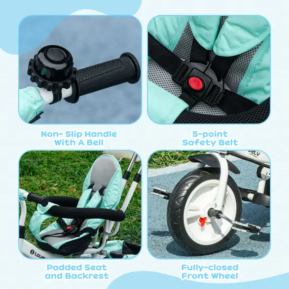 Buy 6 in 1 Kids Trike Push Bike w/ Push Handle, Canopy, 5-point Safety Belt, Storage, Footrest, Brake, for 1-5 Years, Green, 7 image