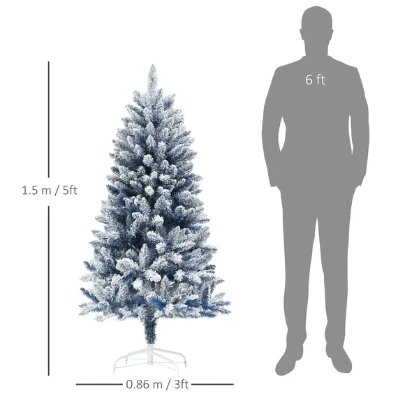 Buy 5ft Flocked Artificial Christmas Tree with 450 Snow Frosted Tips, Metal Stand, Snowy Hinged Xmas Tree, Blue, 3 image