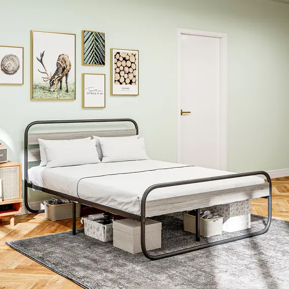 Buy 4ft6 Double Bed Frame, Industrial Style Metal Platform Bed Frame with Under Bed Storage, No Box Spring Needed, Easy Assembly, Grey, 7 image