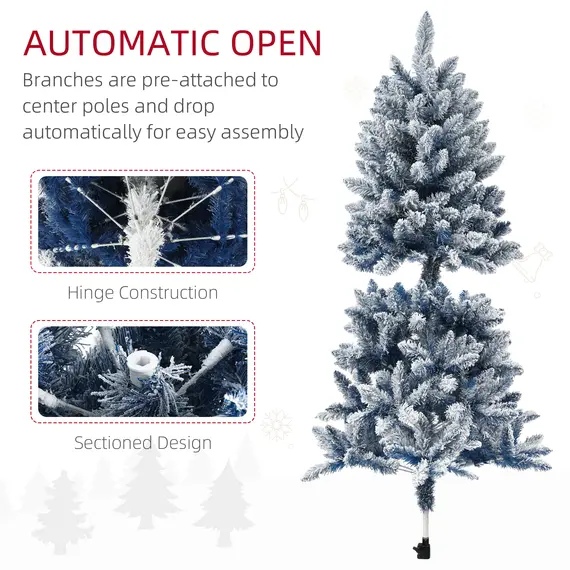 Buy 5ft Flocked Artificial Christmas Tree with 450 Snow Frosted Tips, Metal Stand, Snowy Hinged Xmas Tree, Blue, 6 image