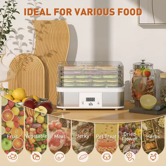 Buy 5 Tier Food Dehydrator, 245W Stainless Steel Food Dryer Machine with Adjustable Temperature, Timer and LCD Display for Drying Fruit, Meat, Vegetable, Jerky and Pet Treat, White, 4 image