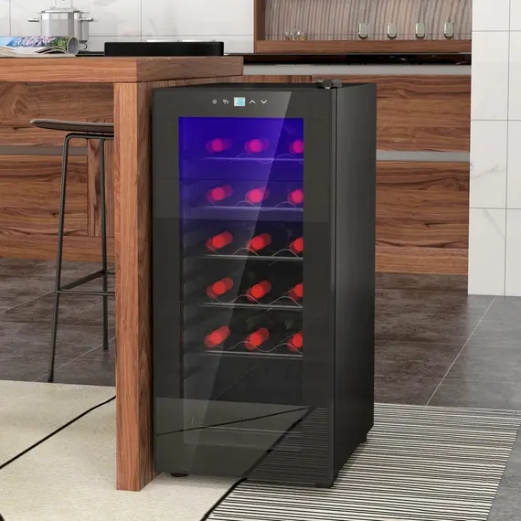 Buy 50L Wine Cooler, 18 Bottles Freestanding Wine Fridge with Glass Door, LED Light, Temperature Control and Digital Touch Screen, Black, 2 image