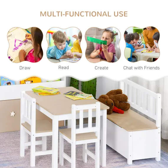 Buy 4-Piece Kids Table and Chair Set with 2 Wooden Chairs, 1 Storage Bench, and Interesting Modern Design, Beige/White, 4 image