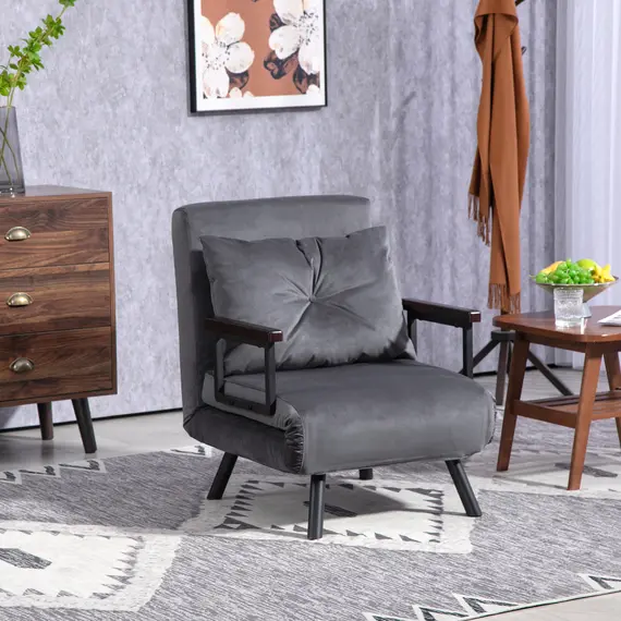 Buy 4-in-1 Velvet-Feel Single Chair Bed, with Pillow - Charcoal Grey, 2 image