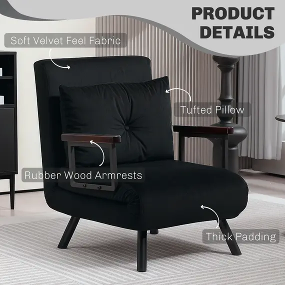 Buy 4-in-1 Velvet-Feel Single Chair Bed, with Pillow - Black, 6 image