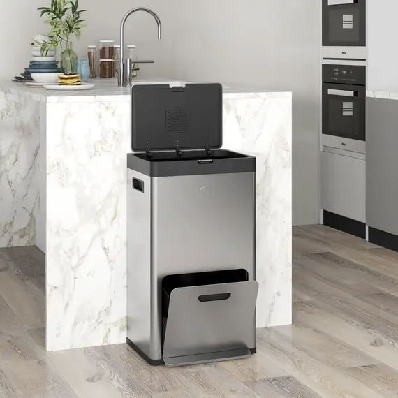 Buy 56L Triple Compartment Stainless Steel Kitchen Bin, with Deodoriser Holders and Wheels - Silver Tone, 9 image