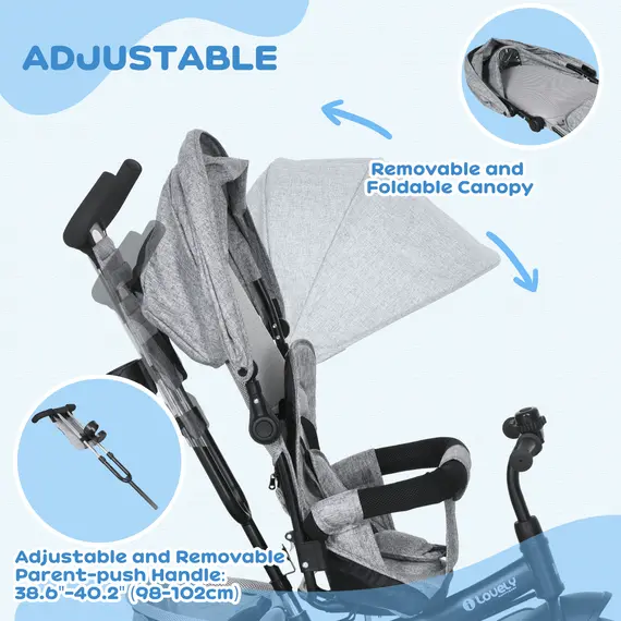 Buy 6 in 1 Kids Trike with Parent Handle, Canopy, 5-point Safety Belt, Storage, Footrest, Brake, for 1-5 Years, Grey, 5 image