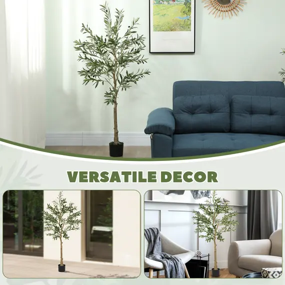 Buy 5ft/ 150cm Decorative Artificial Plant, Silk Olive Tree with 720 Leaves and 32 Olive Fruits in Pot, Fake Plant for Home, Office, Living Room, Indoor Decor, 8 image