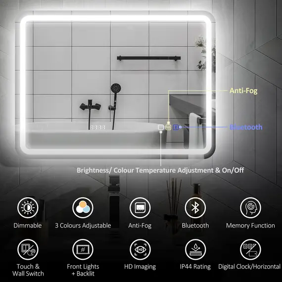 Buy 60 x 80 cm Bluetooth LED Bathroom Mirror with Clock Anti-Fog - Silver Tone, 4 image