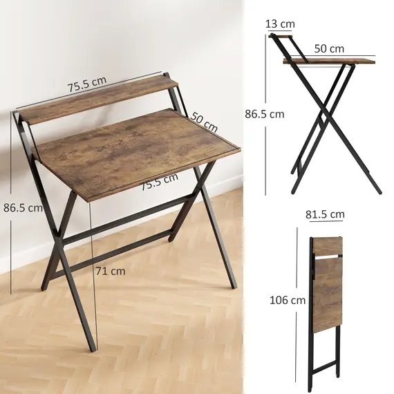 Buy 81.5 cm Folding Computer Desk with Monitor Shelf - Rustic Brown, 3 image