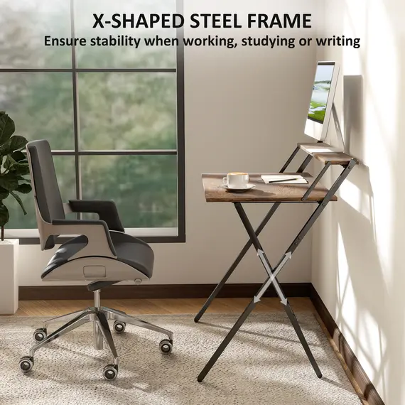 Buy 81.5 cm Folding Computer Desk with Monitor Shelf - Rustic Brown, 6 image
