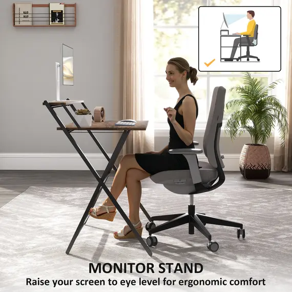 Buy 81.5 cm Folding Computer Desk with Monitor Shelf - Rustic Brown, 5 image