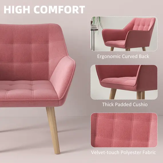 Buy Accent Chair, Arm Chair with Wide Arms, Slanted Back, Thick Padding and Rubber Wooden Legs for Living Room, Pink, 4 image