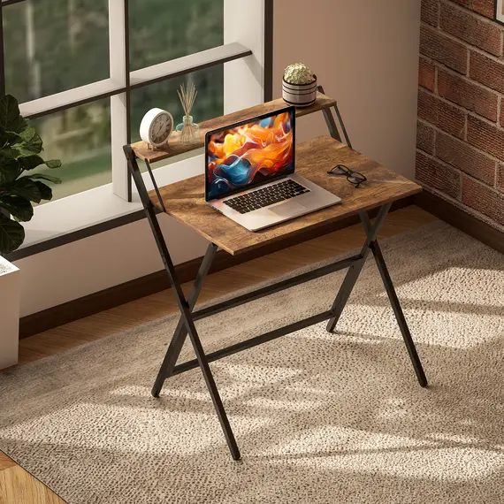 Buy 81.5 cm Folding Computer Desk with Monitor Shelf - Rustic Brown, 8 image