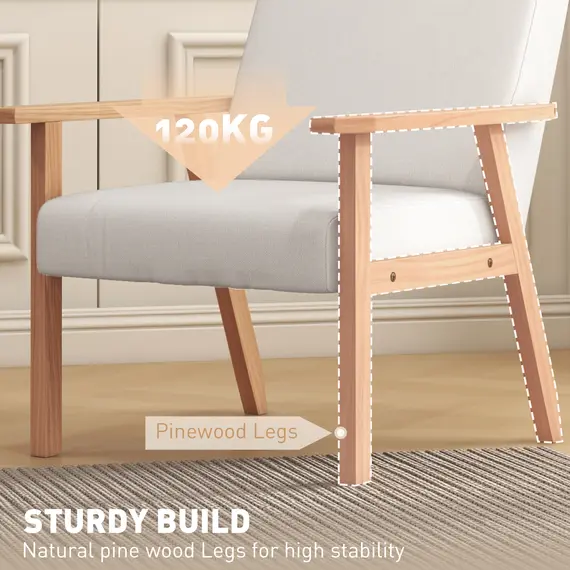 Buy Accent Chair Wood Frame with Thick Linen Cushions Wide Seat Armchair Home Furniture Bedroom Office Cream White, 6 image