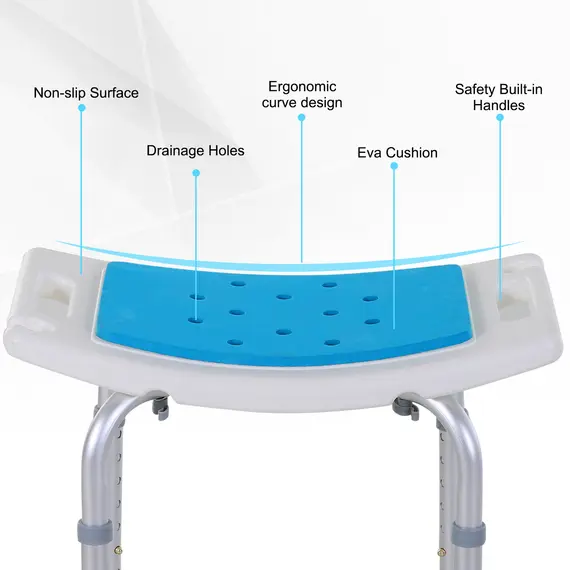 Buy 6-Level Height Adjustable Aluminium Bath Room Stool Chair Shower Non-Slip Design w/ Padded Seat Drainage Holes Foot Pad, Blue, 6 image