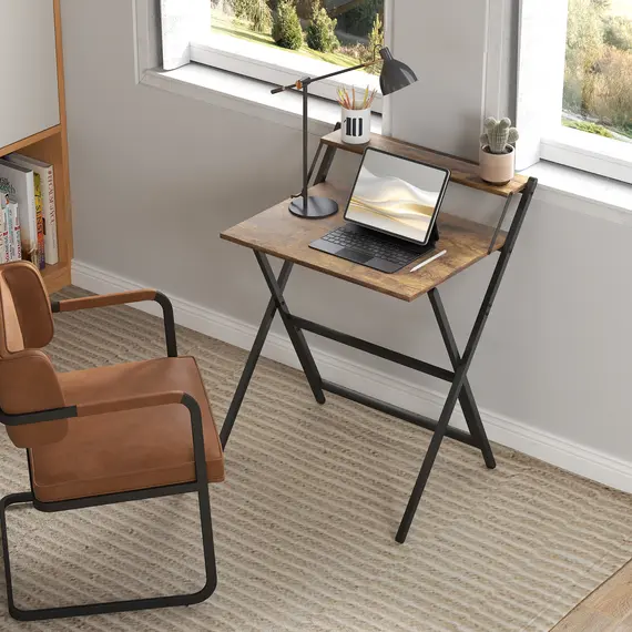 Buy 70 cm Folding Computer Desk with Monitor Shelf - Rustic Brown, 7 image