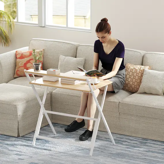 Buy 81.5 cm Folding Computer Desk with Monitor Shelf - Natural Wood Finish, 9 image