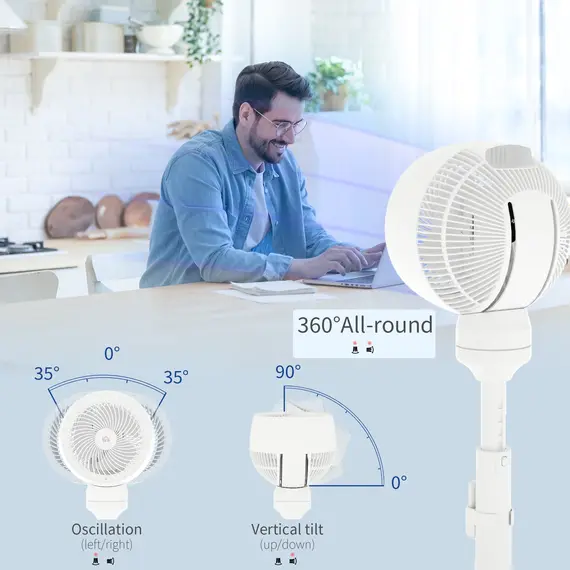 Buy 9'' Air Circulator Fan 3 Speed 3 Mode, 70° Oscillation 90° Vertical Tilt, Height Adjustable, Remote Controller, for Living Room, Bedroom, Office, White, 6 image