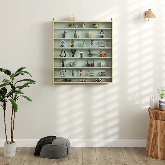 Buy 7-Tier Wall Display Shelf Unit Cabinet w/ 6 Adjustable Shelves Glass Doors Home Office Ornaments 83x80cm, Oak, 9 image