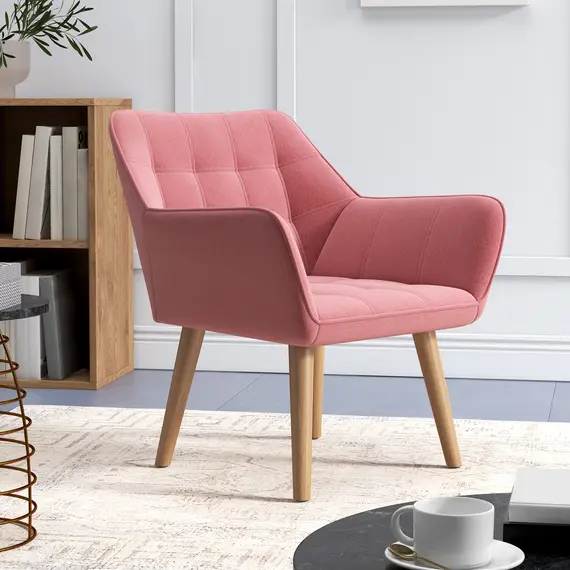 Buy Accent Chair, Arm Chair with Wide Arms, Slanted Back, Thick Padding and Rubber Wooden Legs for Living Room, Pink, 7 image
