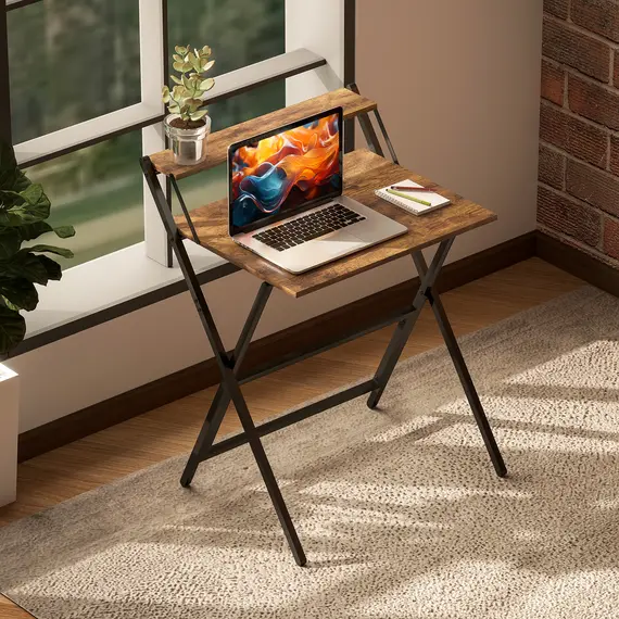 Buy 70 cm Folding Computer Desk with Monitor Shelf - Rustic Brown, 8 image