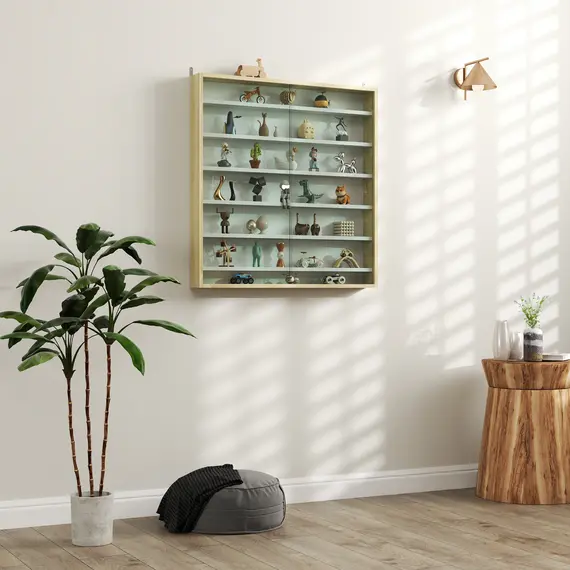 Buy 7-Tier Wall Display Shelf Unit Cabinet w/ 6 Adjustable Shelves Glass Doors Home Office Ornaments 83x80cm, Oak, 2 image