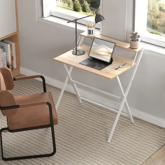 Buy 81.5 cm Folding Computer Desk with Monitor Shelf - Natural Wood Finish, 7 image