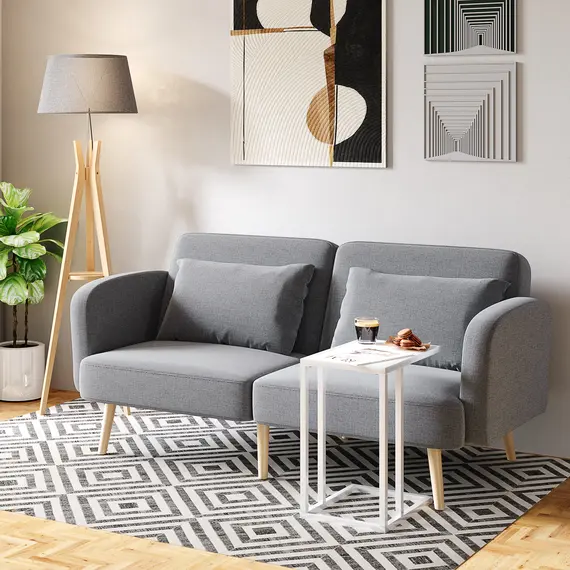 Buy C Shape Bedside Table w/Metal Frame Wood-Effect Top Sofa Narrow Snack End Table for Living Room, White, 9 image
