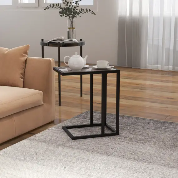 Buy C Shape Bedside Table w/Metal Frame Marble-Effect Top Sofa Narrow Snack End Table for Living Room, Grey, 2 image