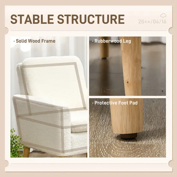 Buy Armchair, Upholstered Accent Chair with Wood Legs and Wide Padded Seat, Teddy Occasional Chair, Cream White, 5 image