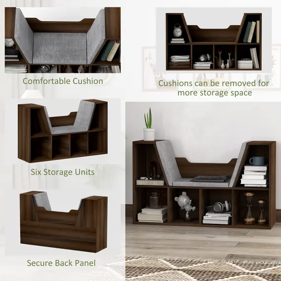 Buy Bookcase Storage Shelf with Cushioned Reading Seat, Cube Bookshelf Organizer for Bedroom Living Room, Chestnut, 6 image