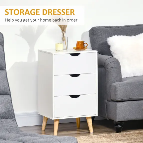 Buy Bedside Table, Bedside Cabinet with 3 Drawers, Small Side Table with Wood Legs and Cut-out Handles for Bedroom, Cream White, 4 image