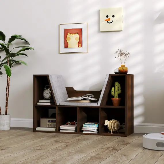 Buy Bookcase Storage Shelf with Cushioned Reading Seat, Cube Bookshelf Organizer for Bedroom Living Room, Chestnut, 7 image