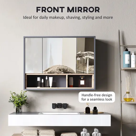 Buy Bathroom Mirror Cabinet, Wall Mounted Bathroom Cabinet with Mirror, 3 Doors and Cupboards, Grey, 5 image