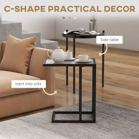 Buy C Shape Bedside Table w/Metal Frame Marble-Effect Top Sofa Narrow Snack End Table for Living Room, Grey, 4 image