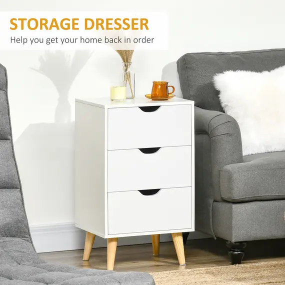 Buy Bedside Table, Bedside Cabinet with 3 Drawers, Small Side Table with Wood Legs and Cut-out Handles for Bedroom, White, 4 image