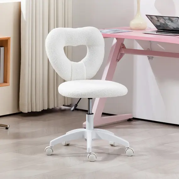 Buy Armless Heart Computer Desk Chair, Teddy Fleece Swivel Office Chair, Makeup Vanity Chair with Height Adjustable, Wheels, for Home Study Bedroom, White, 2 image