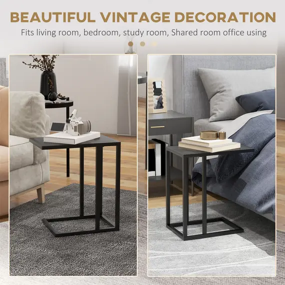 Buy C Shape Bedside Table w/Metal Frame Wood-Effect Top Sofa Narrow Snack End Table for Living Room, Black, 5 image