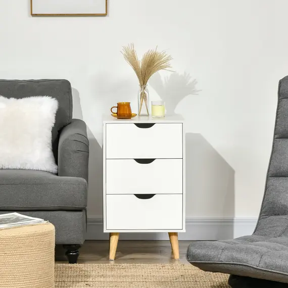 Buy Bedside Table, Bedside Cabinet with 3 Drawers, Small Side Table with Wood Legs and Cut-out Handles for Bedroom, White, 7 image