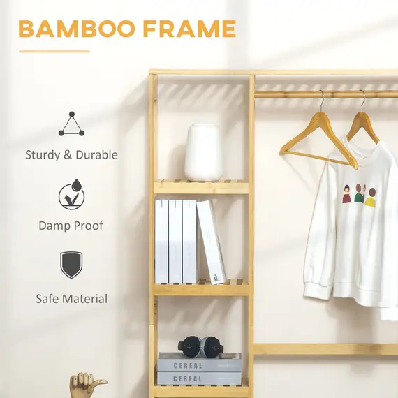 Buy Bamboo Garment Rack, Clothes Rack with Storage Shelf, Hanging Rail and Side Hooks for Entryway, Bedroom, Bathroom and Office, Natural, 5 image