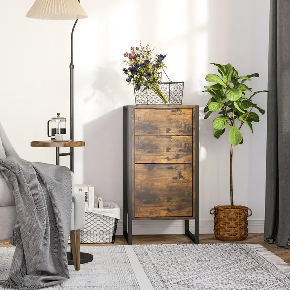 Buy Bedroom Chest of Drawers, Industrial 3-Drawer Dresser, Storage Drawers Unit with Metal Frame for Living Room, Rustic Brown, 2 image