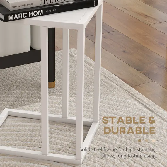 Buy C Shape Bedside Table w/Metal Frame Wood-Effect Top Sofa Narrow Snack End Table for Living Room, White, 6 image